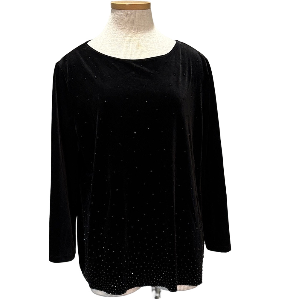 Chico’s Travelers sz 3 (XL) black embellished 3/4 sleeve velvet top NWT